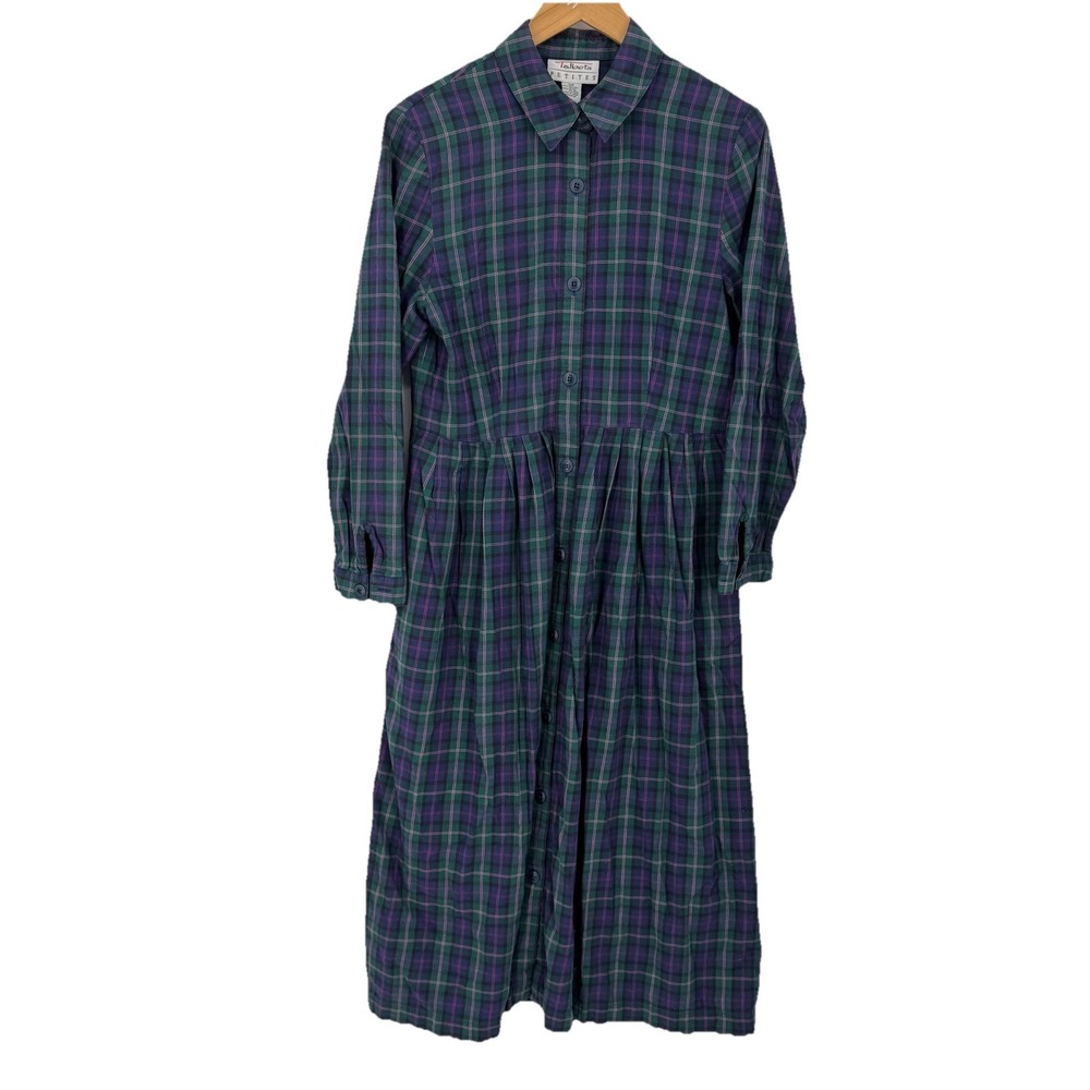 Talbots Vintage Plaid Button Jumper Midi Shirt Dress Green Purple 12 P Modest